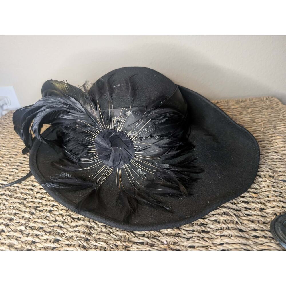 Vintage Michael Howard 100% Wool Black Hat Floating Feathers Derby Church